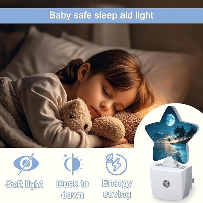 Moon Beach Night Light,Tropical Palm Tree Plug-in Star Night Lights with Dusk-to-Dawn Sensor for Bedroom,Bathroom,Living Room Sleep Friendly Lamp for Women Girls Boys Gift,0.5W