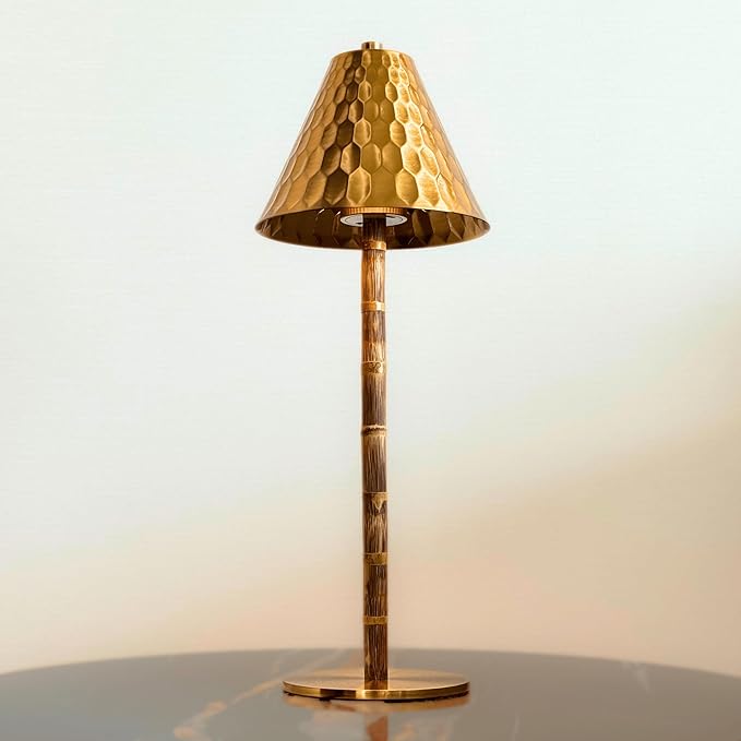 Bamboo Cordless LED Table Lamp – Rechargeable 24-Hour Battery, Dimmable Warm Light, 15" Portable Wireless Lamp with Remote for Indoor/Outdoor Use, Home, Patio, Restaurant – Textured Gold