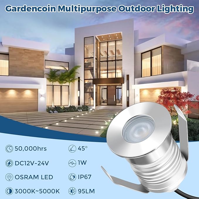 Gardencoin Recessed LED Deck Lights, Heavy Duty Soffit and Stair Lighting Outdoor, 1W 12-24V Low Voltage Landscape In Ground Well Light, Underwater Light Ultra Waterproof, Dimmable(3000K-6pack)
