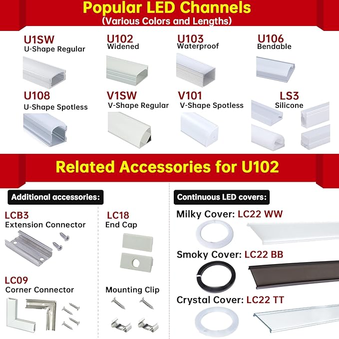 Muzata 20Pack 6.6FT/2M Wider LED Channel Silver Aluminum LED Strips Diffuser Channel with Milky White Cover U102 WW 2M