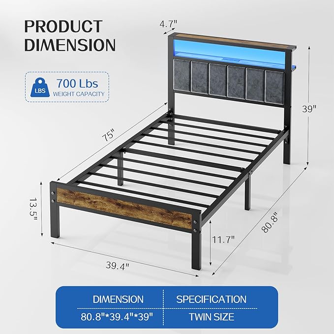 Twin Size Platform Bed Frame with LED Lights, Grey Upholstered Headboard with 2-Tier Storage Shelves, Charging Station, Noise Free, No Box Spring Needed, Easy Assemably