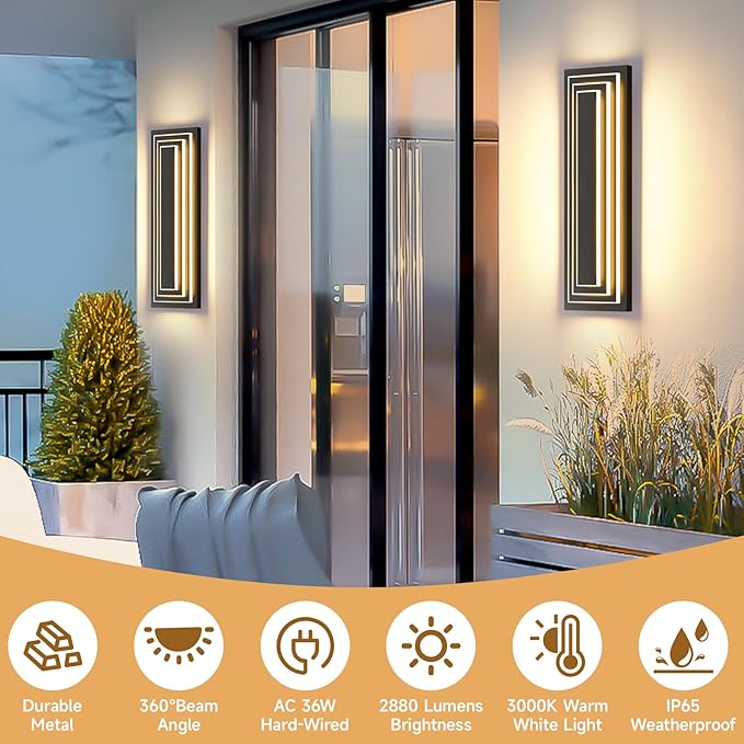 23.6 in Long Outdoor Wall Sconce,3-Tier LED Modern Exterior Wall Light,Matte Black Outdoor Garage Lighting Fixtures,Front Porch Patio Light Waterproof Acrylic Wall Lamp,36 W 3000K Warm White