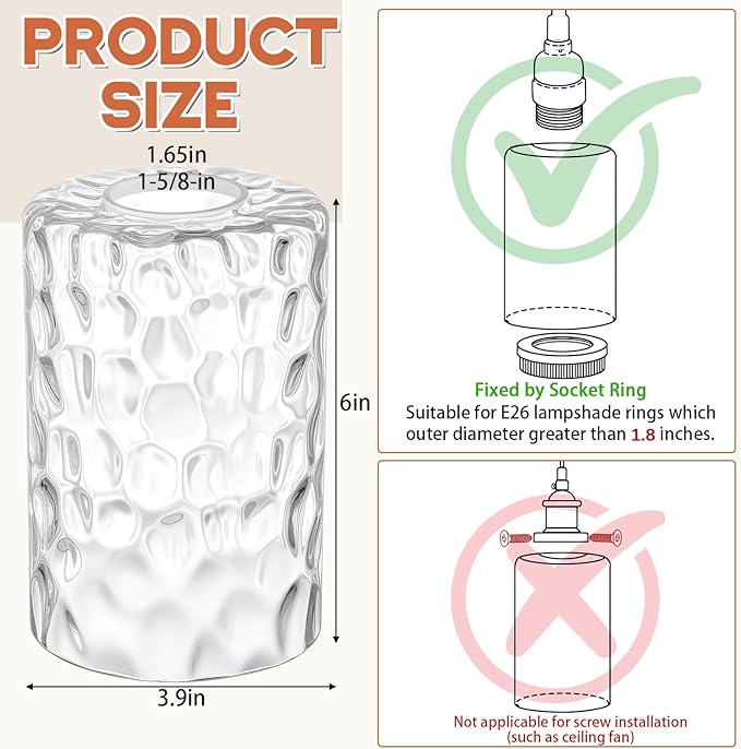 6 Pcs Clear Hammered Glass Shade Replacements for Pendant Light Fixtures Glass Lamp Shade Cover, 1-5/8 Inch Fitter E26 Base, 4"w x 6"h, Replacement Lamp Globe for Chandelier Wall Sconce