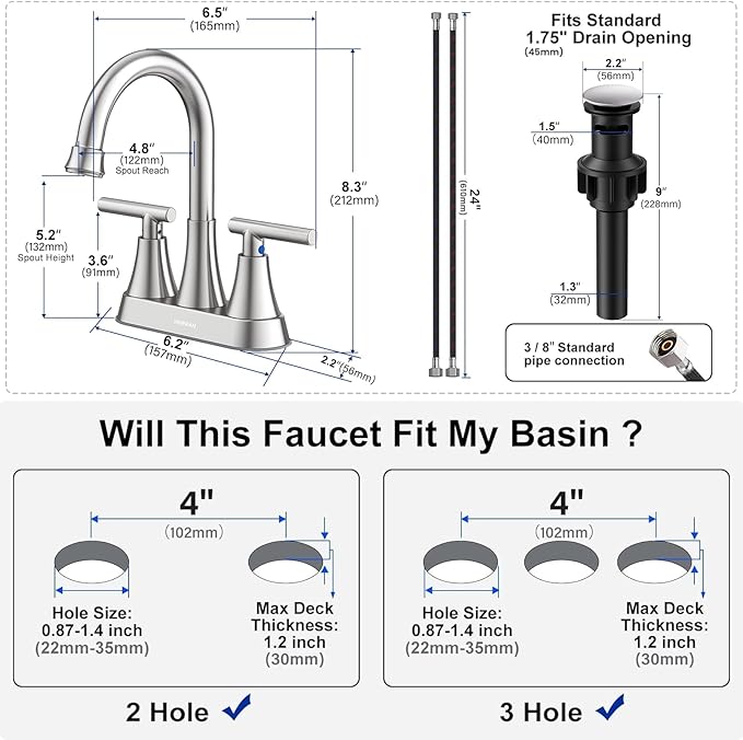 Bathroom Faucets for Sink 3 Hole, Hurran 4 inch Brushed Nickel Bathroom Sink Faucet with Pop-up Drain and Supply Lines, Stainless Steel Centerset Faucets for Sink Vanity RV