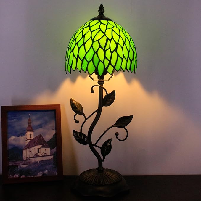 Small Tiffany Lamp Stained Glass Table Lamp Metal Leaf Accent Desk Memory Lamp Sympathy 8X20 Inch (Green Wisteria Leaves Style)