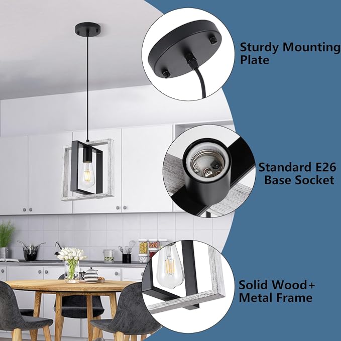 9MMML Wood Pendant Light Kitchen Island, Farmhouse Hanging Lamp with 62'' Height Adjustable Cord, Small Ceiling Pendant Light Fixture for Dining Room, Entryway, Foyer