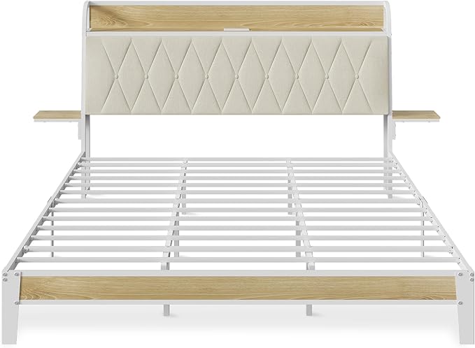 WLIVE King Size Bed Frame with Headboard, Upholstered Bed Frame with 2 Storage Shelves, Platform Bed with LED Lights and Charging Station, 1500LBS Mattress Foundation, No Box Spring Needed, Beige