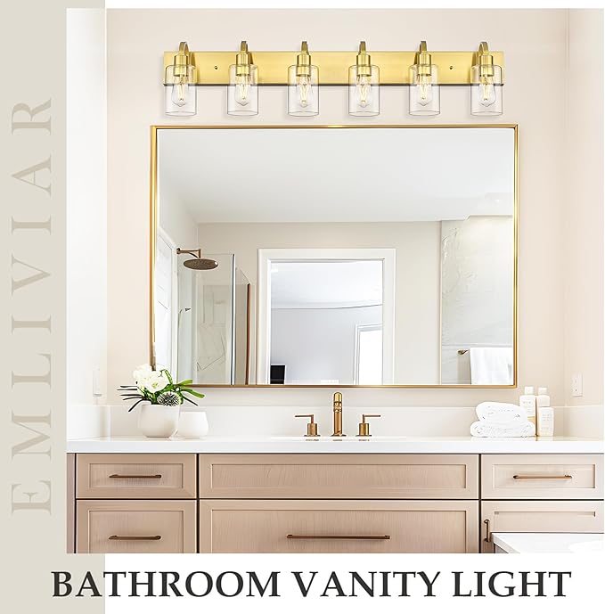 Emliviar Large 6-Light Vanity Lighting for Powder Room, 44.7 Inch Wall Lamp Over Mirror with Clear Glass Shade, Brushed Gold Finish, YCE237B-6W BG