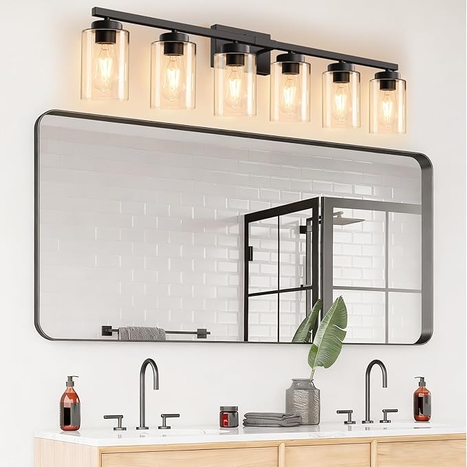 IZORRO Black Bathroom Vanity Light, 6-Light Vanity Lighting fixtures Over Mirror, Wall Lights with Clear Glass Shades, E26 Socket (Bulbs Not Included)