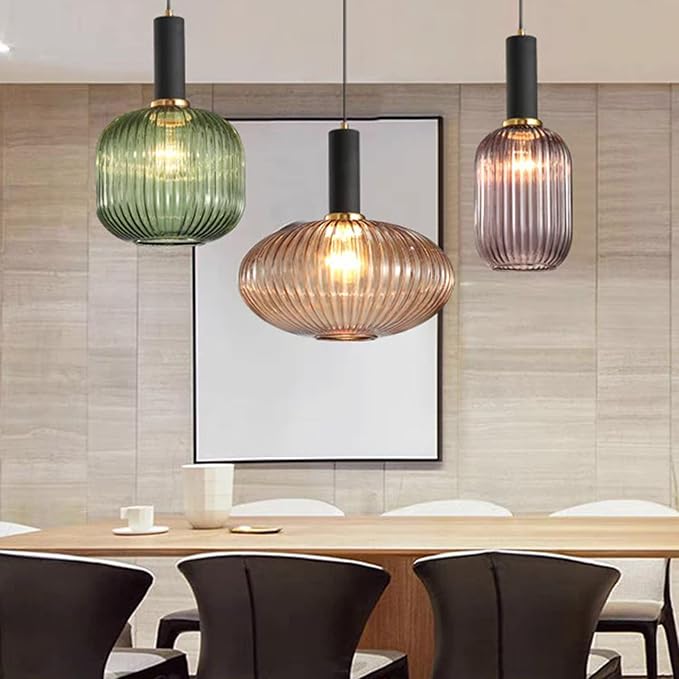 Pendant Light Black Lamp Holder and Glass Striped Light Shade Modern Pendant Lighting for Kitchen Island Farmhouse Hanging Lights Fixtures (L, Amber)