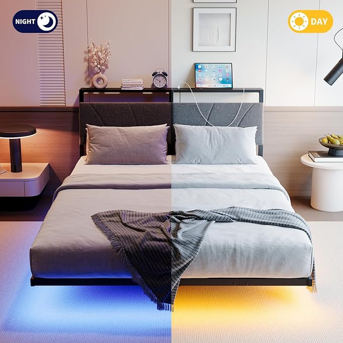 HOJINLINERO Floating Queen Bed Frame with Headboard&Storage Shelf,Ergonomic Queen Size Bed Frame with USB Charging& LED Lights,Platform Bed Frame Noise-Free Metal Slats | Modern Bedroom Design