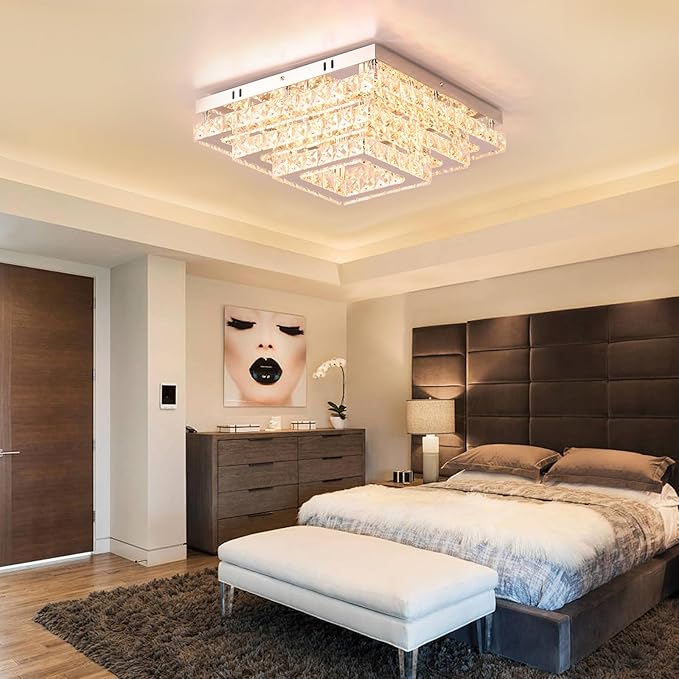 Finktonglan Modern Square Crystal LED Ceiling Light Fixture, 15” Dimmable Crystal Chandelier Ceiling Lights 3-Tiers Light Fixtures Ceiling Mount for Bedroom Living Room Dining Room