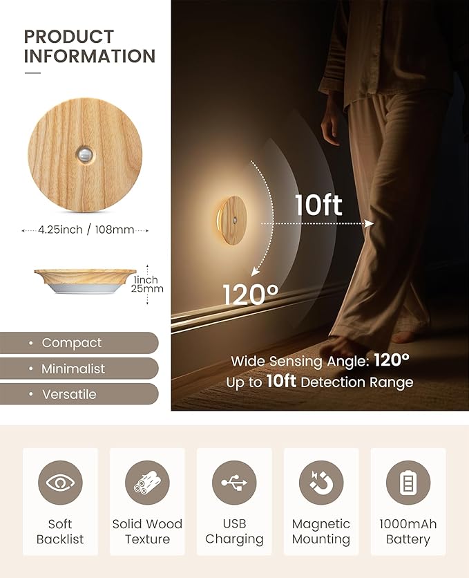 Motion Sensor Night Light Wood, Rechargeable Battery-Powered Magnetic Stick-On Night Light Wall Light for Indoor Stairs, Hallway, and Bedroom (Ash Wood *1Pack)