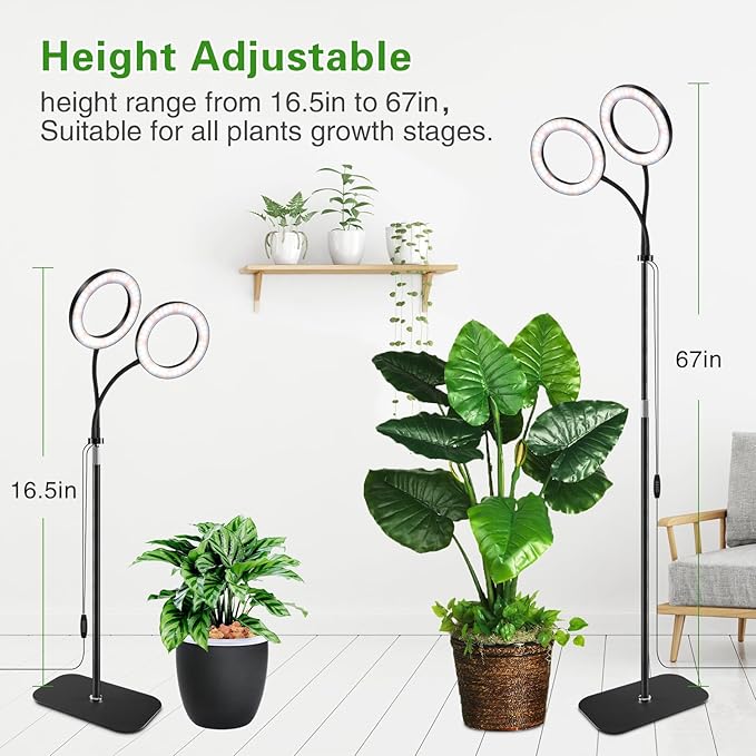 Full Spectrum Grow Light with Stand for Indoor Plants, Floor Plant Light, 3/9/12H Timer, 3 Color Modes, Adjustable Height 16.5–68in, for Large Plants & Home Décor(2 Heads)