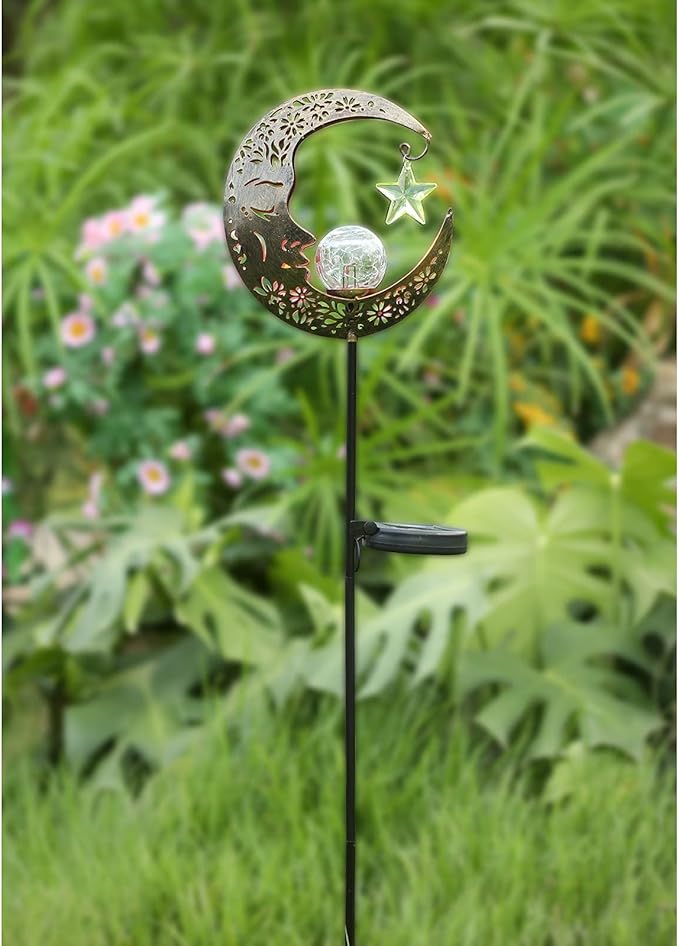 Solar Lights Outdoor Decor Moon Lantern for Patio,Lawn or Pathway Moon Decorations Crackle Glass Globe Stake Metal Lights Waterproof Warm LED Garden Gifts (Bronze)