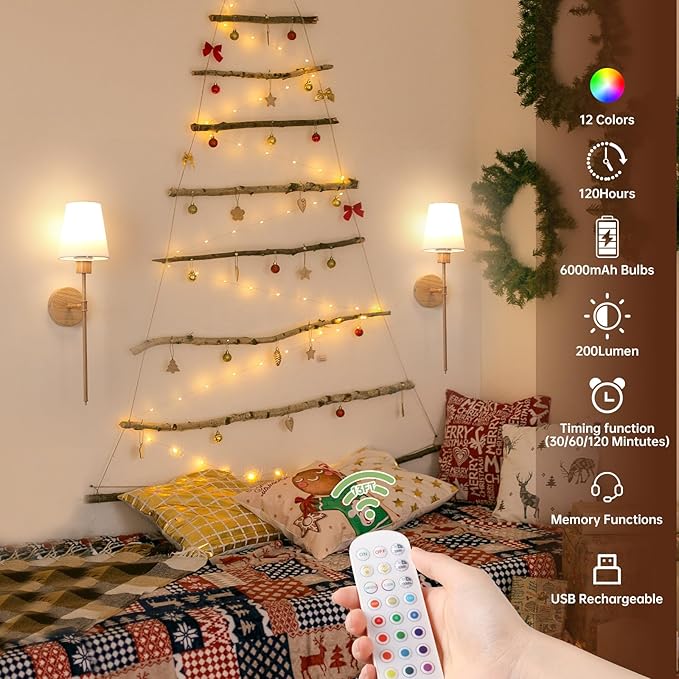 Battery Operated Wall Sconces Set of 2, Beech Color Wall Lamp 5000 mAh Rechargeable Bulb with 12 RGB Colors Dimmable Wall Sconce for Living Room Bedroom