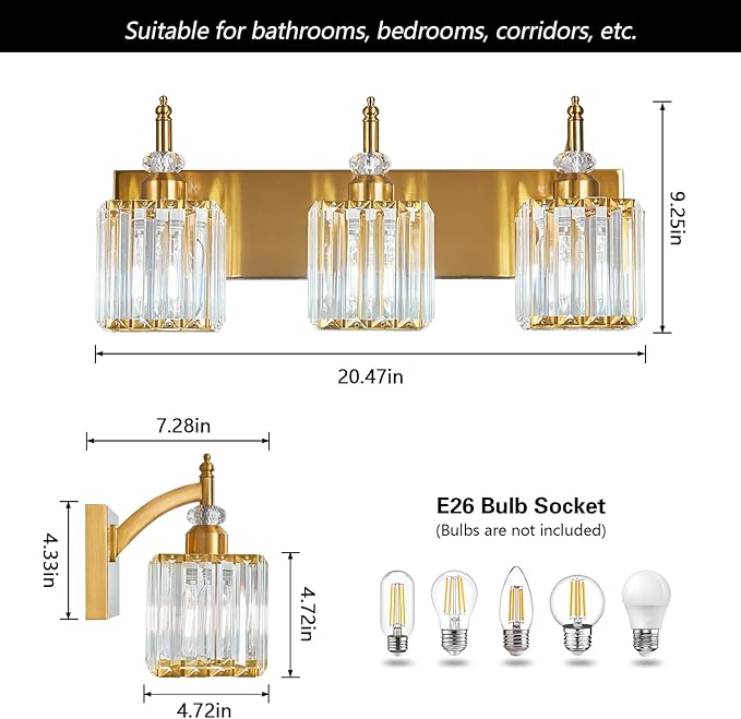 Modern Bathroom Vanity Light 3-Light Gold Crystal Light Fixtures Over Mirror for Bathroom Wall Sconce