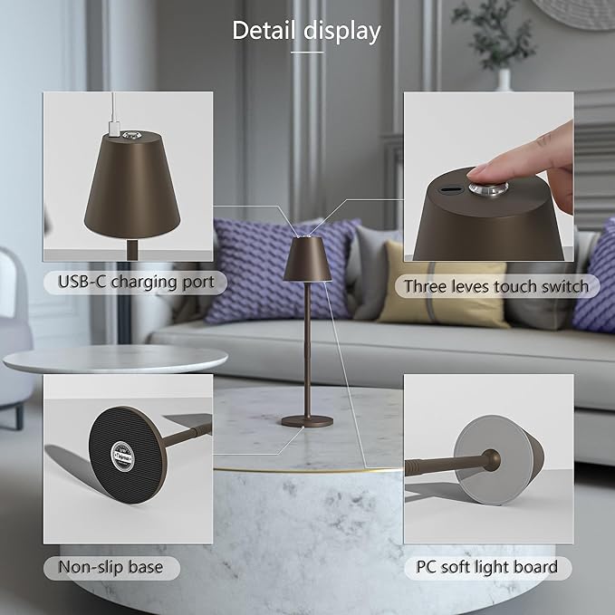 LED CordlessTable Lamp,4000mAh Rechargeable Battery Desk lamp,3 Level Brightness Beside Night Light, Minimalist Design, for Couple Dinner/Coffee Table/Restaurant/Bedroom(Kahaki-4PACK)