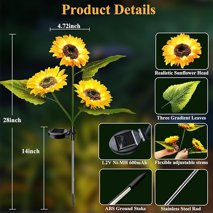 Garden Lights Solar Powered, 3 Pack Solar Outdoor Lights with 9 Bigger Sunflower Waterproof Realistic Solar Flowers Lights for Patio Pathway Walkway Landscape Yard Decorations