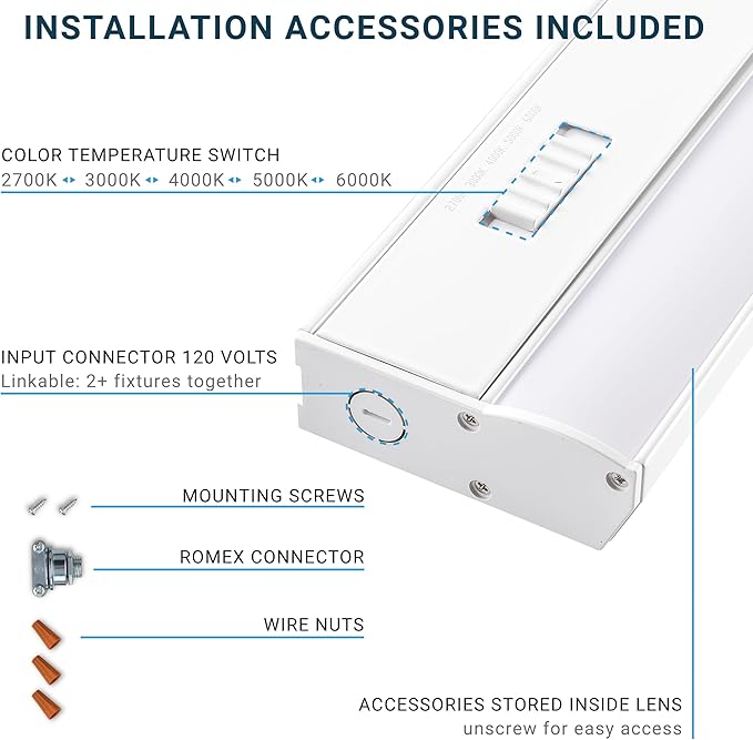 PARMIDA LED Under Cabinet Lighting, Hardwired Installation, 24 Inch, 18W, 5CCT Color Selectable - 2700K/3000K/4000K/5000K/6000K, ETL Listed, 120V, Dimmable, 1200 Lumens, White Finish