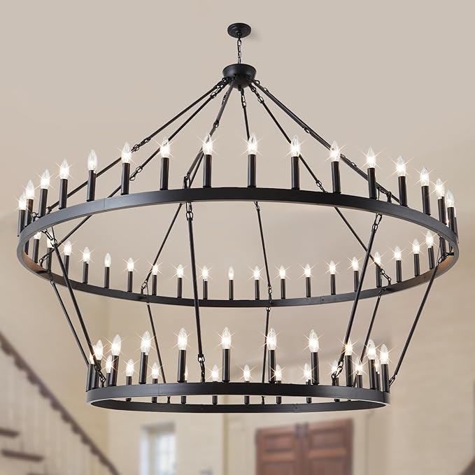 Wagon Wheel Chandelier Farmhouse 2 Tier 64-Light 70-Inch, Black Industrial Chandelier Rustic Candle Pendant Light Fixture Extra Large for High Ceilings, Dining Room, Living Room, Foyer, E12
