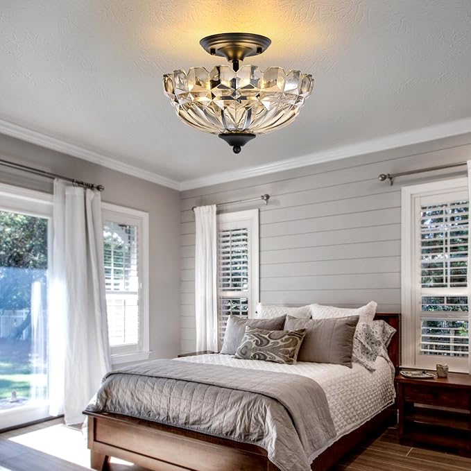 Semi Flush Mount Ceiling Light, 3-Light Kitchen Ceiling Lighting Fixtures with Cognac Glass Lampshade, Gold Modern Chandelier for Living Room Bedroom Hallway