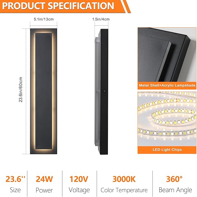 tewei 23.6 Inch Modern Outdoor Wall Sconce, Long Black LED Exterior Lighting Fixtures, Modern Large Outdoor Front Porch Lights Outside Wall Mount Lights for House, Warm White 3000K, 2 Pack