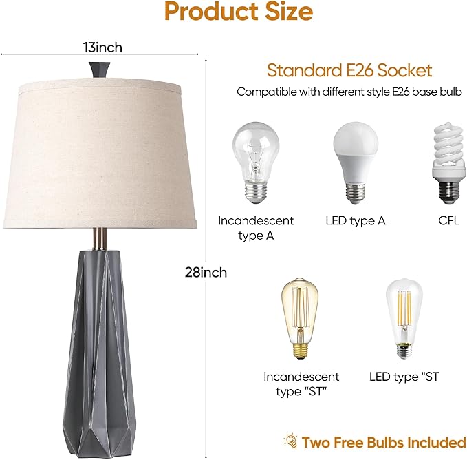 WIHTU 3 Color Temperature Table Lamps Set of 2, 27'' Grey Modern Table Lamp for Living Room, Beside Lamp with Linen Shade, Resin Desk Lamp for Nightstands Bedroom Decor (2 Bulbs Included)