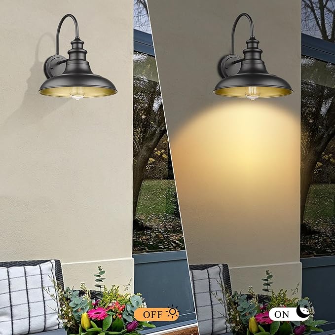 Outdoor Barn Light Fixture, 12.3 Inch Large Dome Farmhouse Wall Mount Light Wall Sconce Exterior Wall Lighting Fixture Industrial Black Finish Lantern with Gold Interior for Porch Garage Patio
