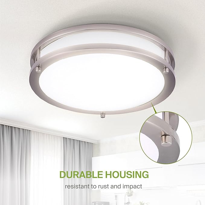 ASD LED 12" Round Flush Mount Lighting, Close to Ceiling Light Fixture | 3CCT, Dimmable, Energy Star, ETL Listed | 20W 1600LM 3000-5000K 100-277V | Low Profile Double Ring Lamp | Nickel, 4 Pack