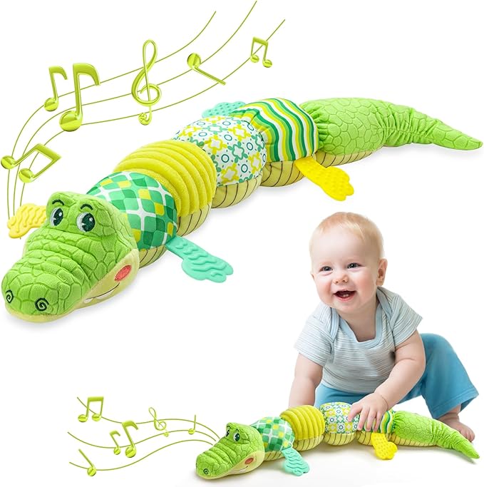 Baby Toys 0 to 12 Months, Musical Stuffed Animals Activity Soft Toy with Multi-Sensory Crinkle, Rattle and Textures, Infant Tummy Time Toys for Newborn Boys Girls, Crocodile, Green