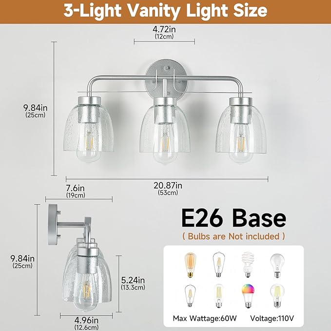 21 Inch Vanity Lights, 3-Light Silver Vintage Industrial Bathroom Light Fixtures with Bubble Glass Shade, Wall Sconce for Bathroom Mirror, Bedroom, Hallway