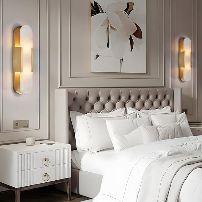 19.7" L Alabaster Wall Sconces Set of 2, Wall Lights Fixtures Morden Bathroom Vanity Light Indoor Wall Lamps for Living Room Bedroom Hallway Stairs Gold