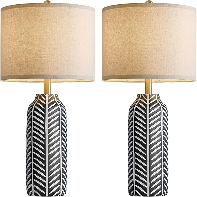 BOBOMOMO 26" Farmhouse Black Table Lamps Set of 2 – Rustic Resin Lamps with Vintage Leaf Pattern and Linen Shades, Black Bedside Lamps for Bedroom, Living Room, Office, Entryway, Console Table