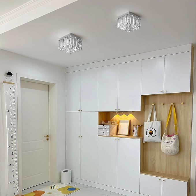 Crystal LED Ceiling Light Chandelier, Modern Semi Flush Mount Lighting Fixture Ceiling Lamp for Living Room, Dining Room, Bedroom, Kitchen Island, Entryway (7.87“ * 5.9” Square White Light)