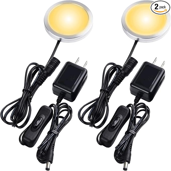 Single LED Puck Light for Under Obove Cabinet Counter Bar Shelf Back Lighting, 120V Electric Direct Wall Plug in, Handy On Off Switch, Black Cables, 2 Packs, Warm White