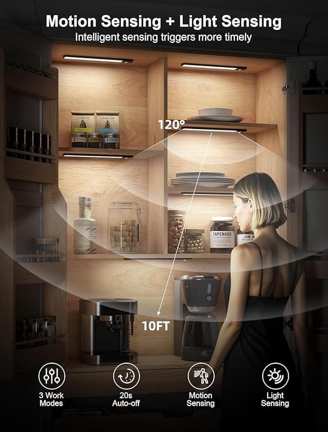 5Pack Motion Sensor Under Cabinet Lighting Wireless,8 inch Magnetic Dimmable Under Counter Lights for Kitchen,Motion Activated Under Cabinet Lights,3 Color Dimmable Under Cabinet Lighting with Remote