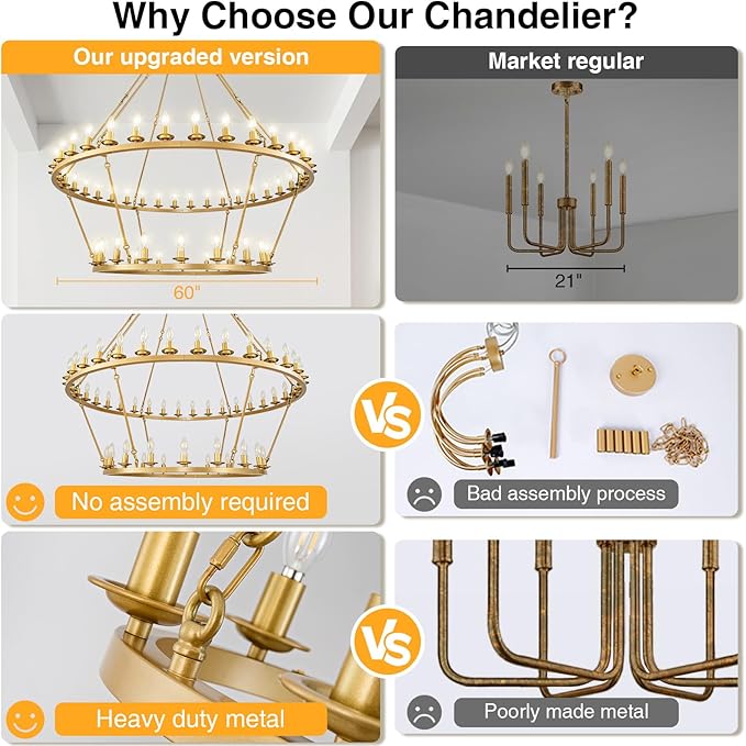 60" 2-Tier Wagon Wheel Chandelier, 54-Light Farmhouse Large Gold Chandelier Round Modern Rustic Industrial Adjustable Height for High Ceiling Living Room, Entryways, Foyer, Dining Room