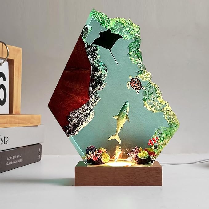 Great White Shark Ocean Resin Lamp, Handmade Resin Night Light for Home Office Decor, Multi-Color LED Light with USB Port, Shark Gifts for Birthday Holiday, Valentine's Day Gifts for Him Kids (9"x6")