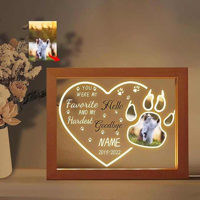 Custom Pet Memorial Night Light with Picture Frames Personalized Acrylic Plaque Dog Sympathy Gift with Photo Name Date for Loss of Dog Cat Pet(H-Cat Paw Heart)