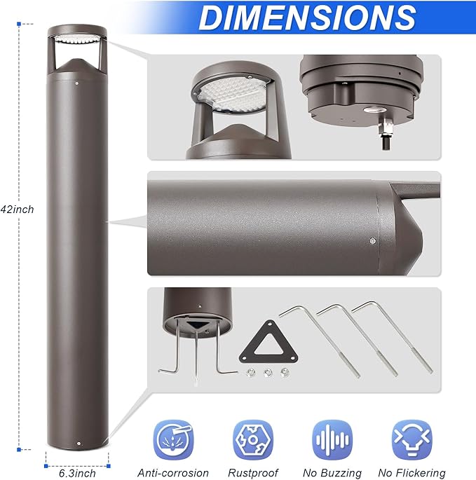42" LED Bollard Landscape Light, 24W Outdoor Pathway Light, 3CCT Selectable (3000K/4000K/5000K), IP65 Waterproof, 0-10V Dimmable Commercial Landscape Lighting for Garden, Walkway, UL Listed