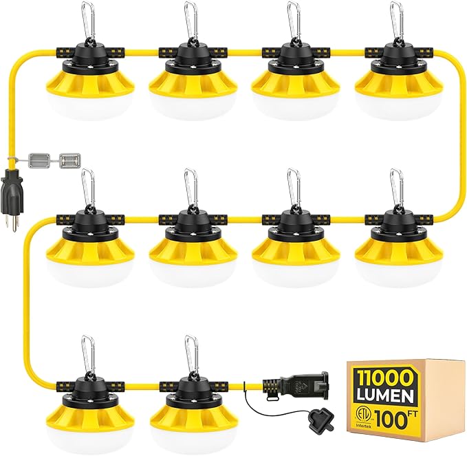 100ft Construction String Lights: 3 Prong 100w 11000lm ETL Certified Bright Industrial Outdoor Temporary Lighting Led Hanging IP65 Waterproof 18AWG Wire Work Light for Attic Jobsite Garage