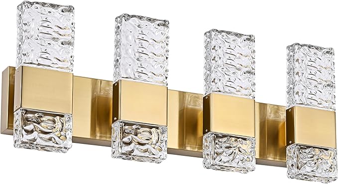 VINLUZ 4 Light LED Bathroom Light Fixtures in Brushed Brass Finish, 32W Metal Base Wall Mount Lighting with Crystal Lampshade Bath Wall Sconces for Mirror, Kitchen,Hallway