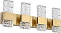 VINLUZ 4 Light LED Bathroom Light Fixtures in Brushed Brass Finish, 32W Metal Base Wall Mount Lighting with Crystal Lampshade Bath Wall Sconces for Mirror, Kitchen,Hallway