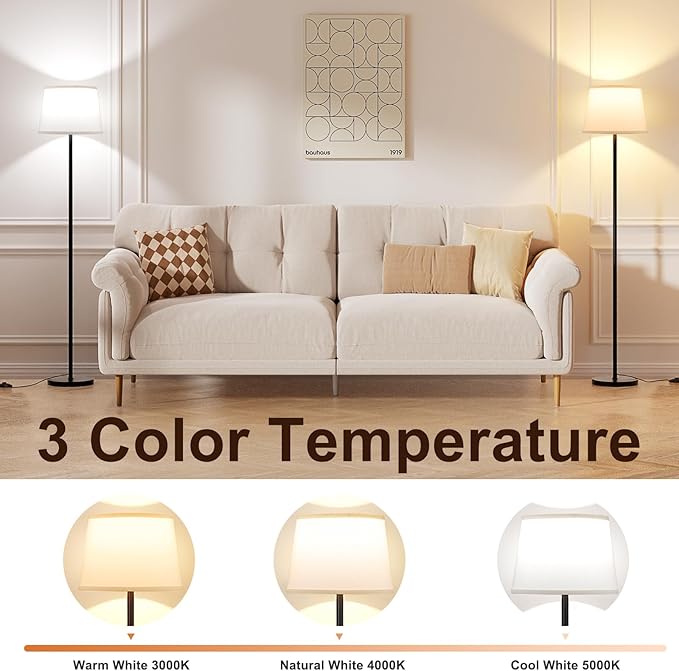 Floor Lamps for Living Room - 3 Color Temperatures Standing Lamp with White Shade, Modern Floor Lamp with LED Bulbs, Black Tall Lamp for Bedroom Office(9W Bulb Included)