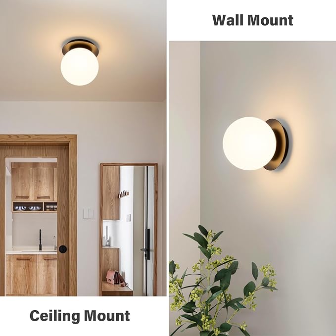 Modern Glass Globe Wall Sconce: Black Single Light with Milk Glass Shade - Minimalist Spherical Vanity Sconces Over Mirror - Contemporary Ball Wall Lights Fixtures for Entryway Bedside Bulb Excluded