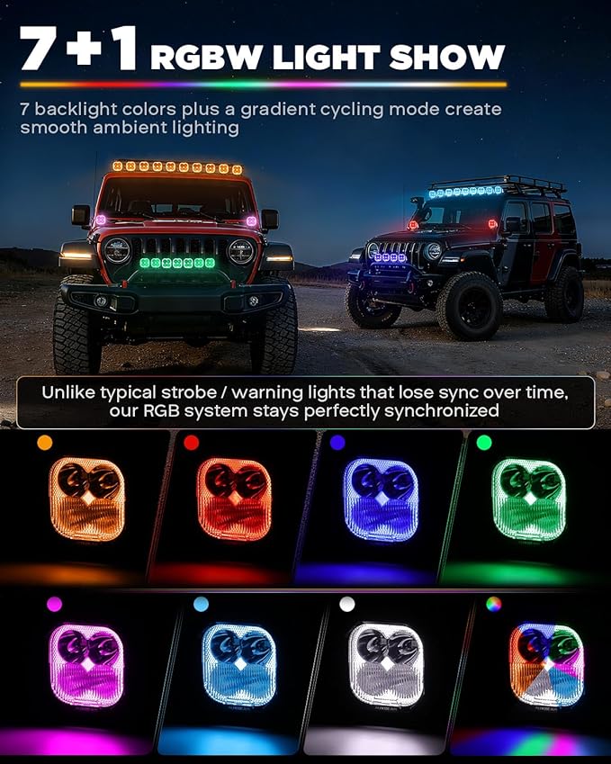 Auxbeam RGB Color Changing 3" LED Pods 116W Off-Road Lights 7+1 Ambient Backlight Gradient Cycle Accent Lighting, Spot Flood Combo, Amber White Lens Covers, Color Play Series