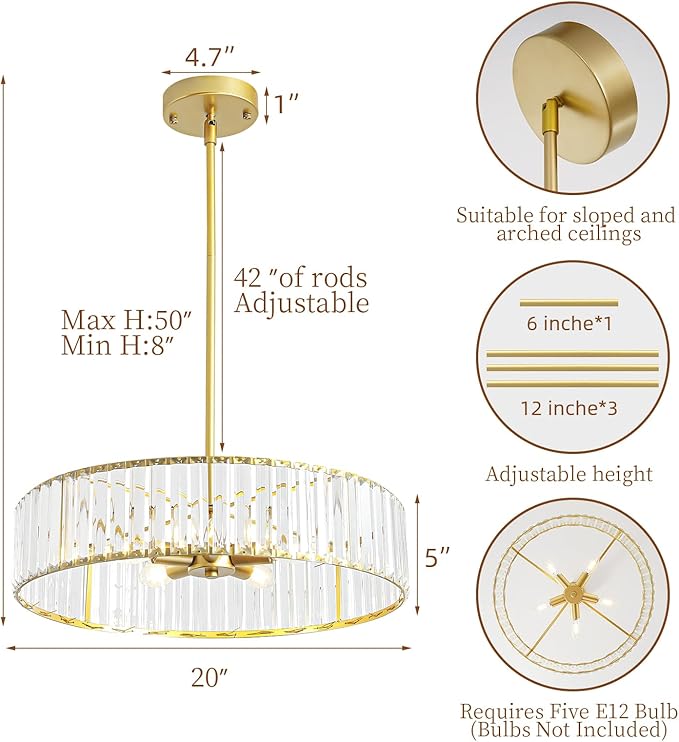 5-Light Gold Crystal Chandelier for Dining Room, Modern Semi Flush Mount Chandelier Lighting Fixtures, Round Kitchen Hanging Drum Pendant Lights Ceiling for Living Room Bedroom Entryway Foyer， 20 Inch