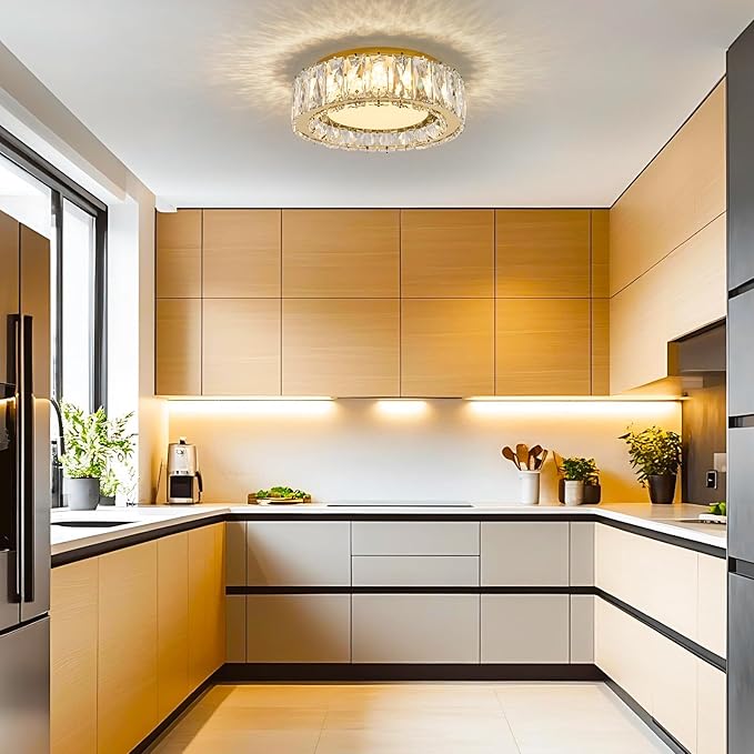 Crystal Dimmable Flush Mount Ceiling Light, Glod Modern LED Close to Ceiling Light Fixture with 5CCT 2700K-6000K, Round Kitchen Lighting for Bedroom, Laundry Room, Hallway, Bathroom (11in 24W)