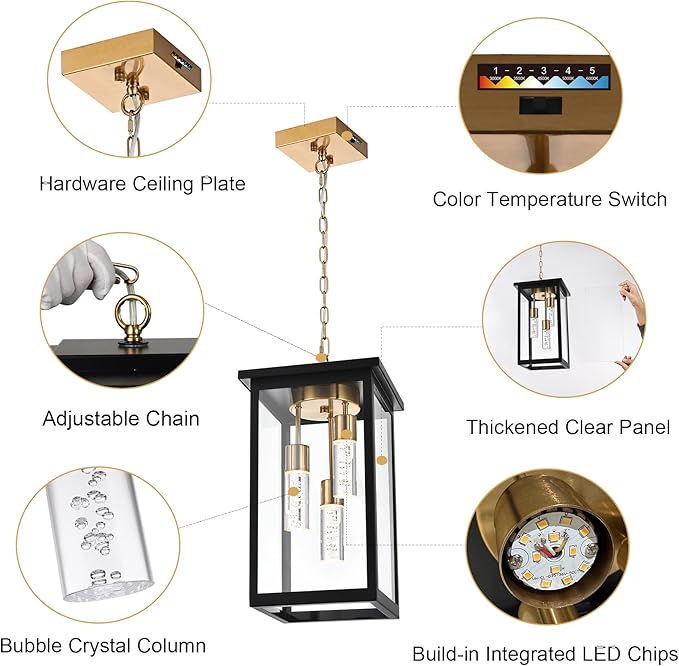 TODOLUZ 5CCT LED Large Outdoor Pendant Light Fixtures, 3-Light LED Integrated Bulbs Included Modern Outdoor Hanging Lighting Ceiling, Clear Glasss Outside Chandelier for Porch Gazebo Entryway